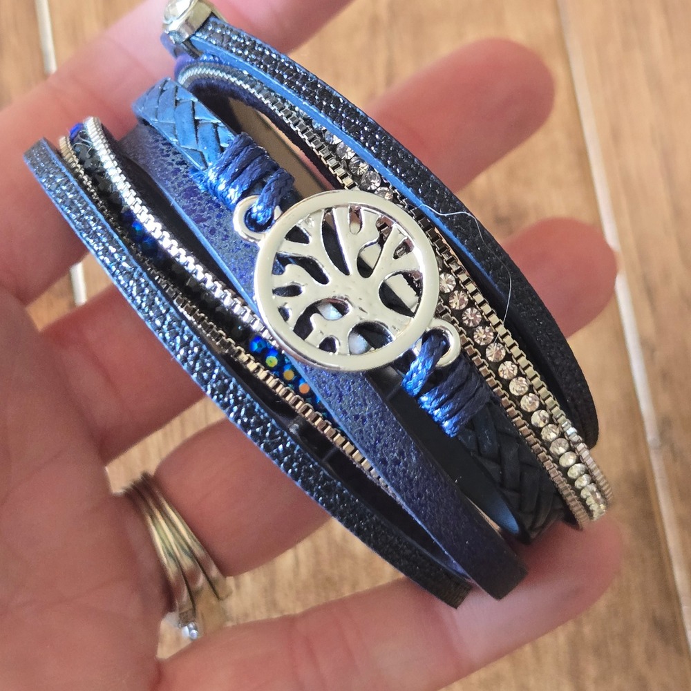 Womens Blue Tree of Life Multi Strand Wrap Bracelet Magnetic Clasp Silver Tone